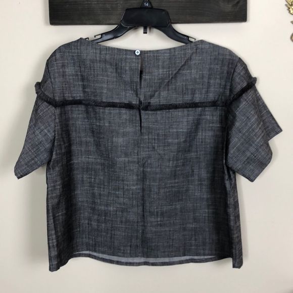 Grey Cropped Fringe Trim Short Sleeve Blouse NWT size Large Ethically Made - Picture 4 of 5